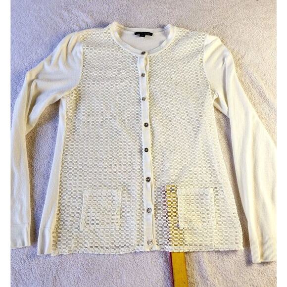 Tommy Hilfiger White Cardigan Sweater Size S Y2K Open Weave Crochet Button Front - Picture 10 of 11